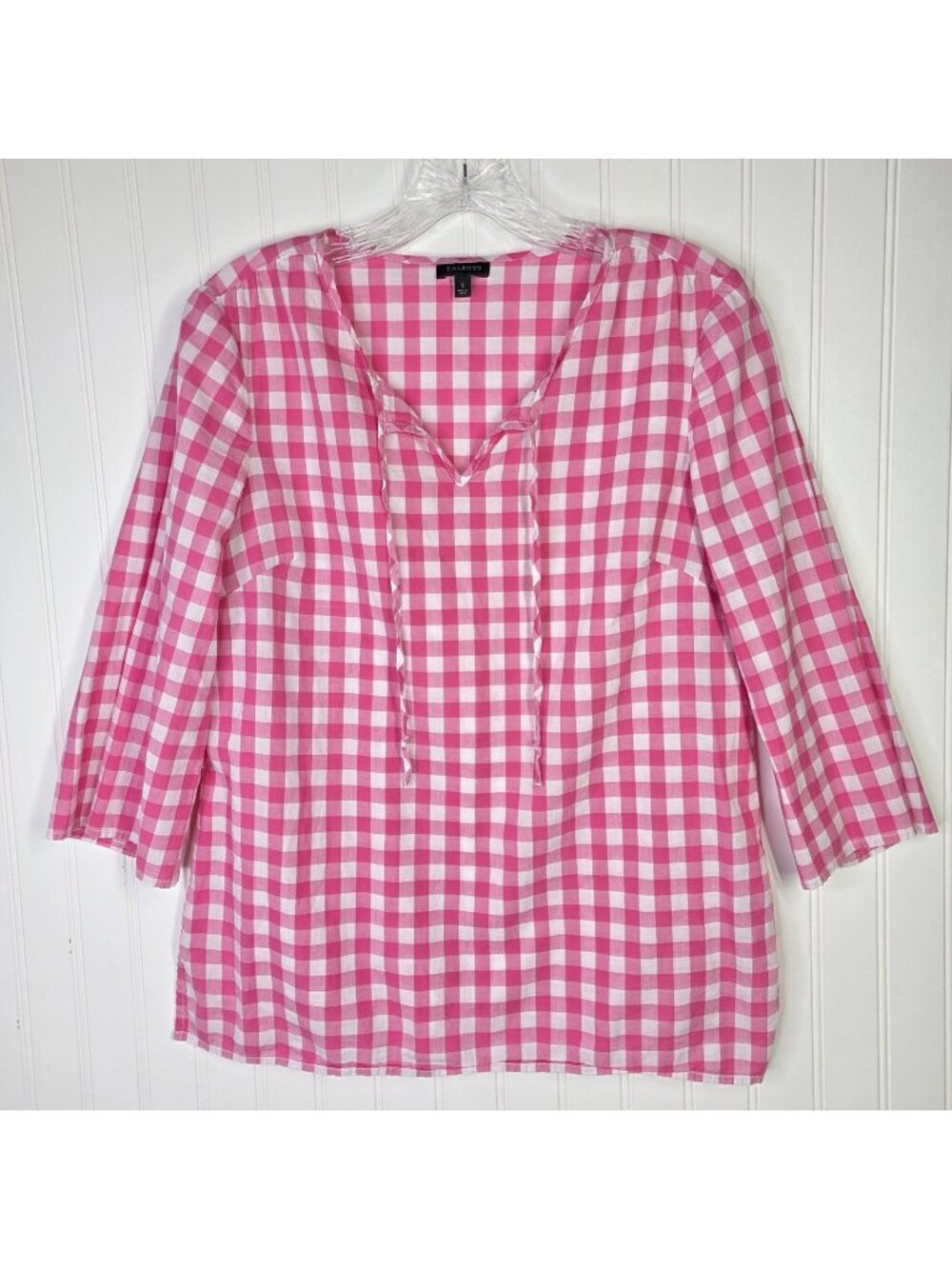 Talbots Tunic Shirt Womens S Pink Gingham Check 3/4 Sleeve Casual Office Peasant